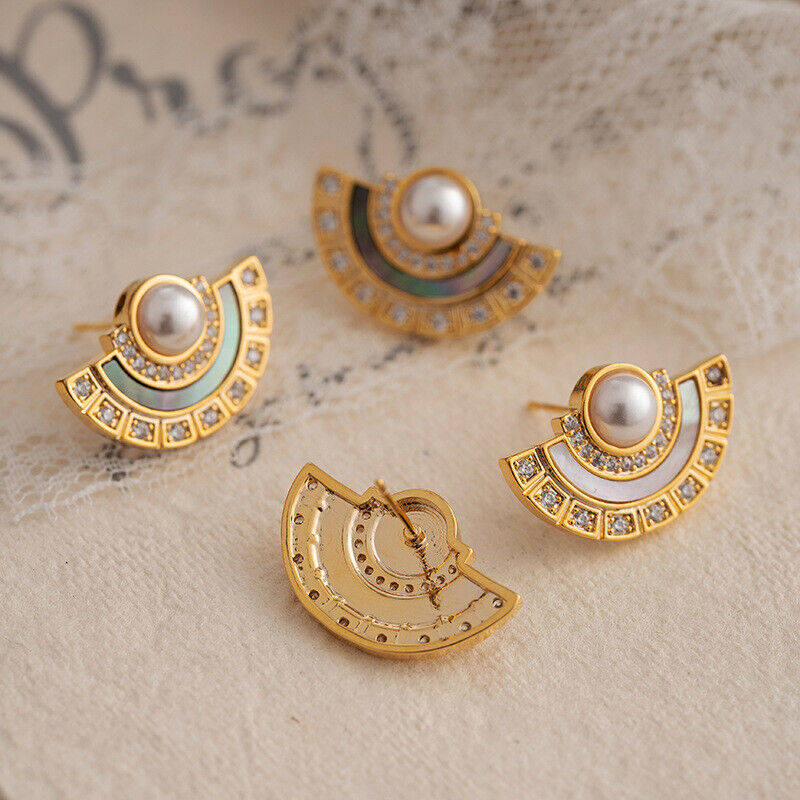 s925 silver gold plated natural shell pearls vintage style semi-circle earrings