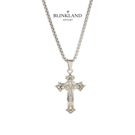 Titanium steel 24in micro-set double cross pendant men's necklace good luck gift