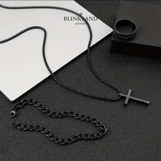 Titanium Steel 24-In Cross Pendant Necklace Set with Ring & Bracelet Gift