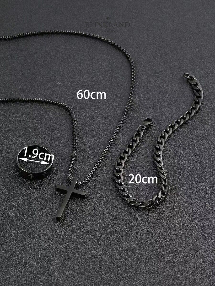 Titanium Steel 24-In Cross Pendant Necklace Set with Ring & Bracelet Gift