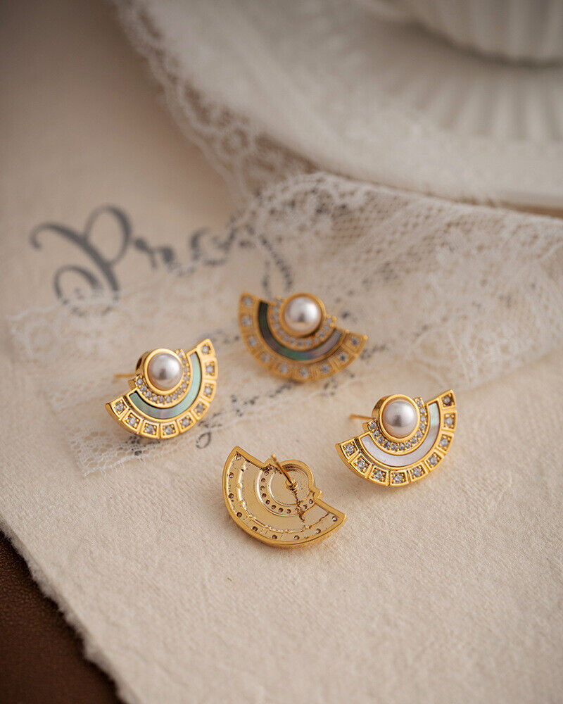 s925 silver gold plated natural shell pearls vintage style semi-circle earrings