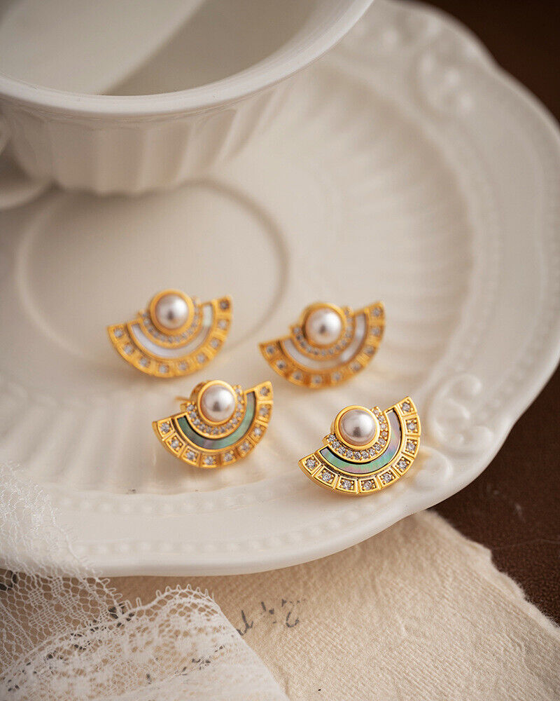 s925 silver gold plated natural shell pearls vintage style semi-circle earrings