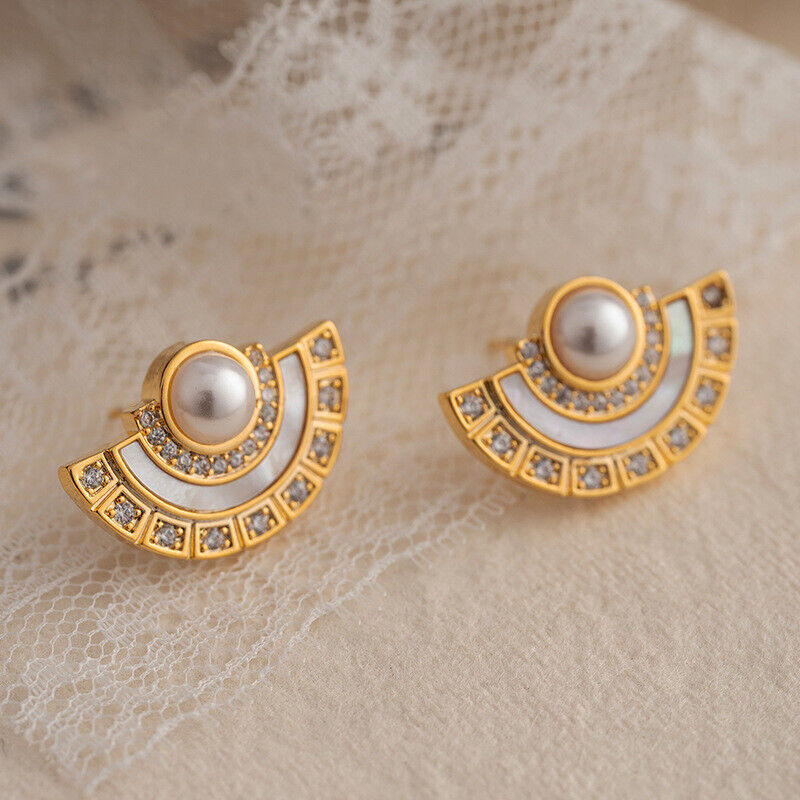 s925 silver gold plated natural shell pearls vintage style semi-circle earrings