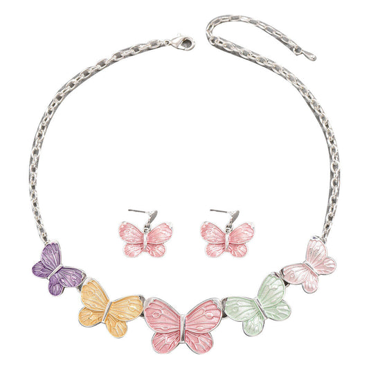 925 Silver 20-in Colorful Butterfly Pendant Women's Necklace with Earrings Set