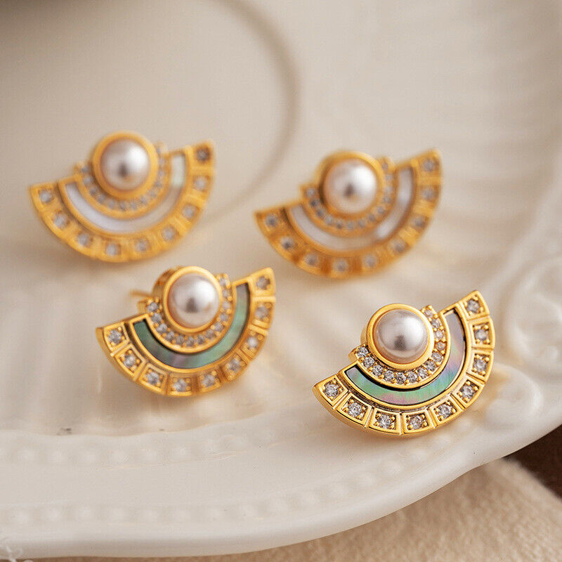 s925 silver gold plated natural shell pearls vintage style semi-circle earrings