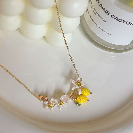 Copper 20-InEnameled Flower Lemon Pendant Women's Necklace Ring & Earrings Set