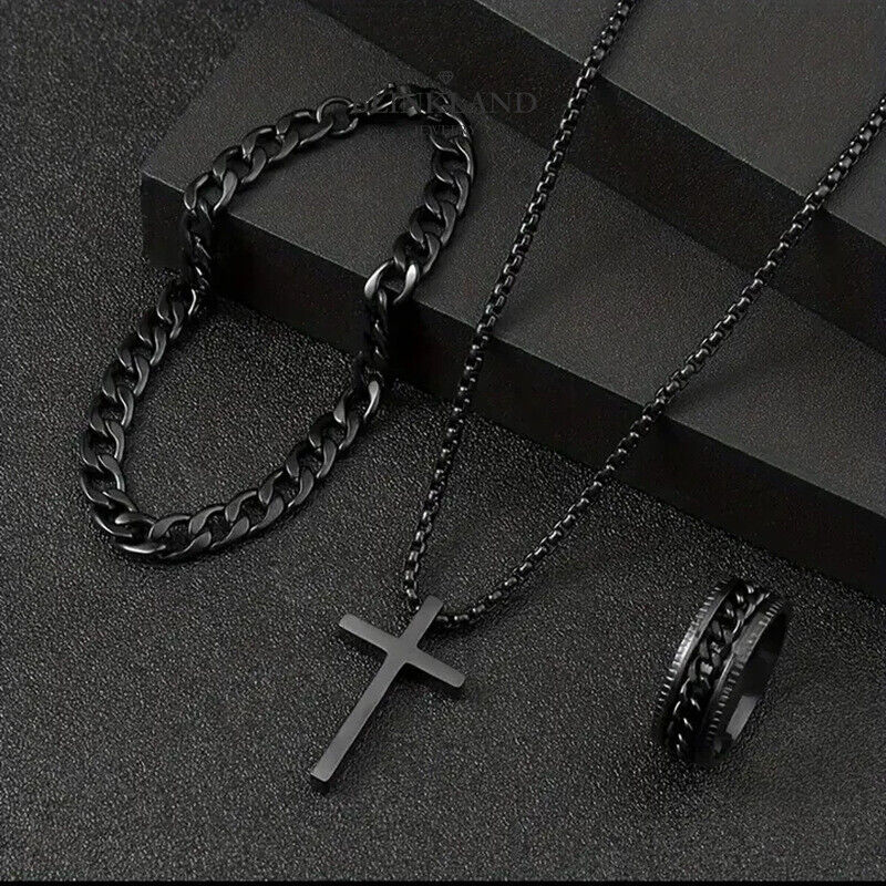 Titanium Steel 24-In Cross Pendant Necklace Set with Ring & Bracelet Gift