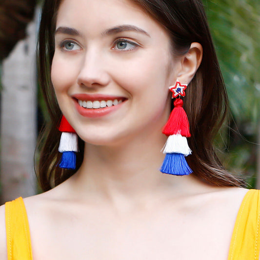 Hand Knit Red, Blue and White American Flag Ethnic Style Tassel women‘s Earrings