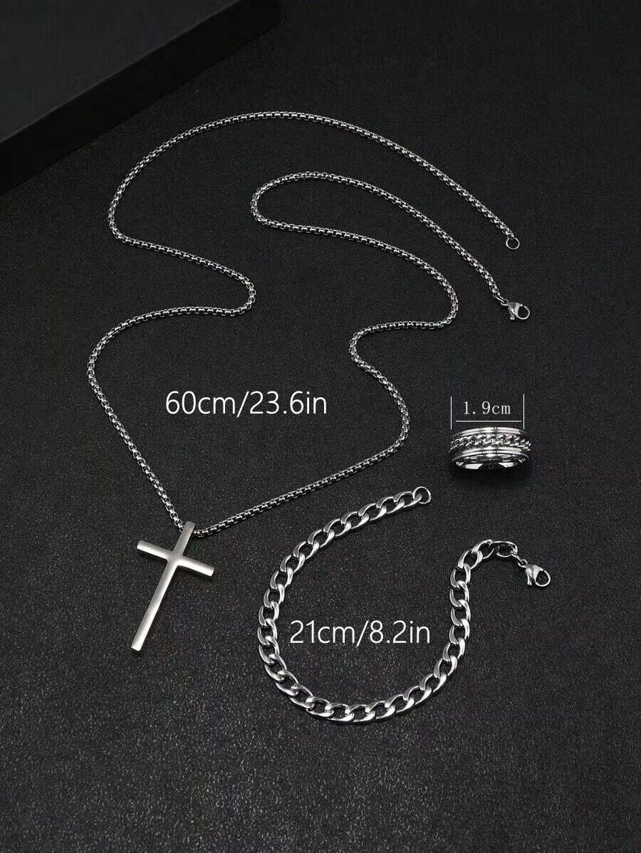 Titanium Steel 24-In Cross Pendant Necklace Set with Ring & Bracelet Gift