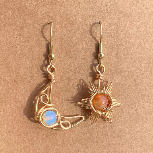 925 sterling silver bohemian sun&moon shape inlay opal asymmetrical earrings