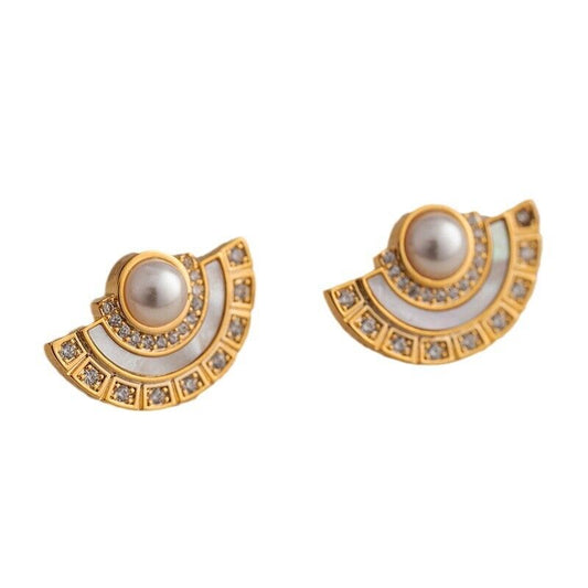 s925 silver gold plated natural shell pearls vintage style semi-circle earrings