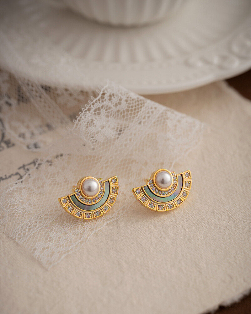 s925 silver gold plated natural shell pearls vintage style semi-circle earrings