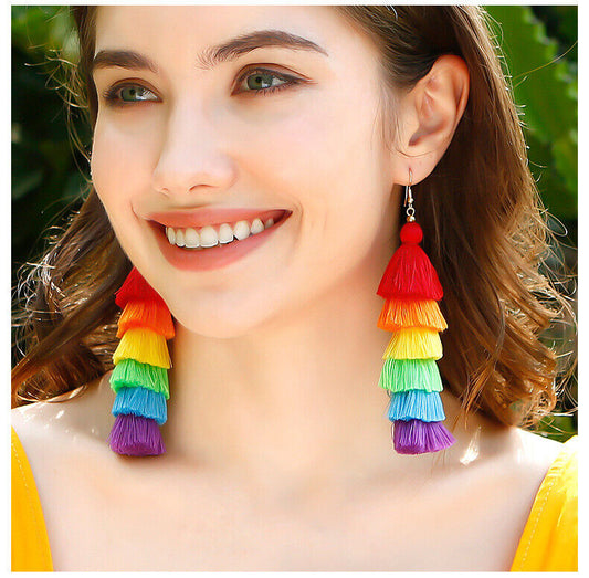 925 Silver handmade Bohemian Rainbow Color Tassel Women Earrings Gift Box Set