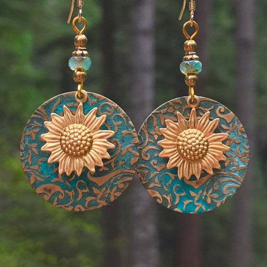 Copper Boho Split Color Double Layers Sunflower Vintage Women's Earrings gift