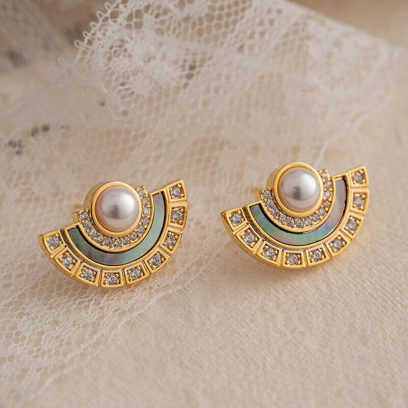 s925 silver gold plated natural shell pearls vintage style semi-circle earrings