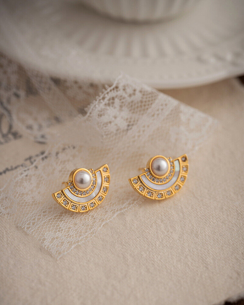 s925 silver gold plated natural shell pearls vintage style semi-circle earrings