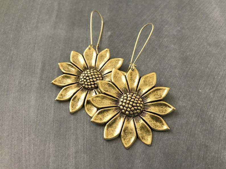 Copper three-dimensional sunflower earrings antique gold aesthetic earrings