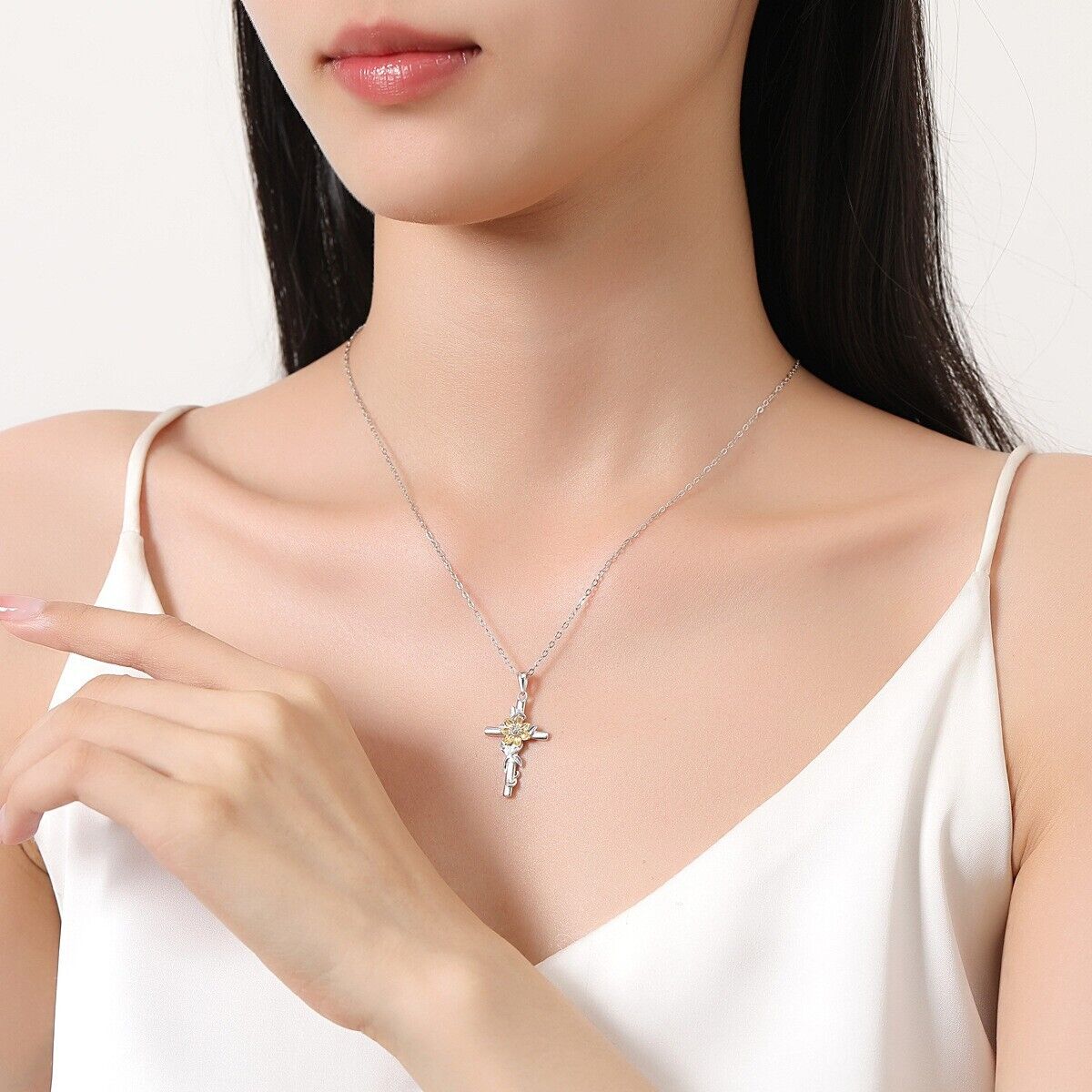 s925 sterling silver chain sunflower cross pendant necklace with packaging