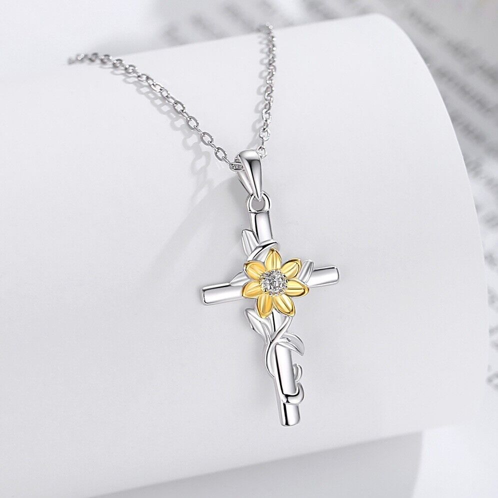 s925 sterling silver chain sunflower cross pendant necklace with packaging