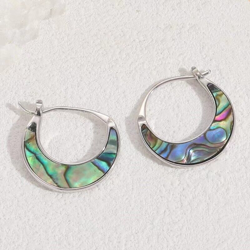 Natural Abalone Shell Hoop Earrings 925 Sterling Silver Basket Beach Jewelry