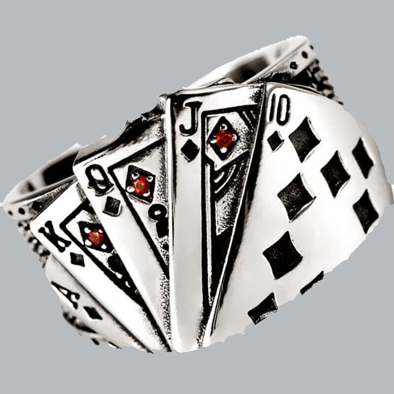 Thai Silver with Rubies Poker Shape Hip Hop Style Ring Opening Size