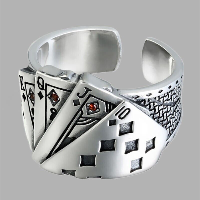 Thai Silver with Rubies Poker Shape Hip Hop Style Ring Opening Size