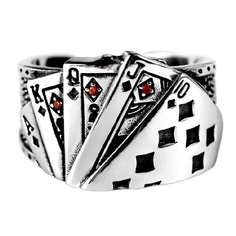 Thai Silver with Rubies Poker Shape Hip Hop Style Ring Opening Size