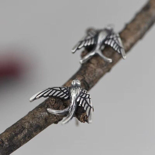 Unique Handmade Sterling Silver Small Flying Swallow Birds Post Stud Earrings