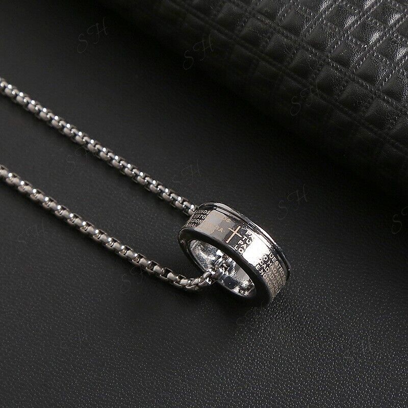 Titanium Steel 60 Inch Rune Ring Pendant Men's Hip Hop Punk Style Necklace