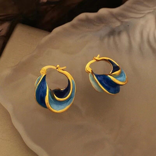 Gold-plated brass material blue oil drip spiral women's fashion earrings gift