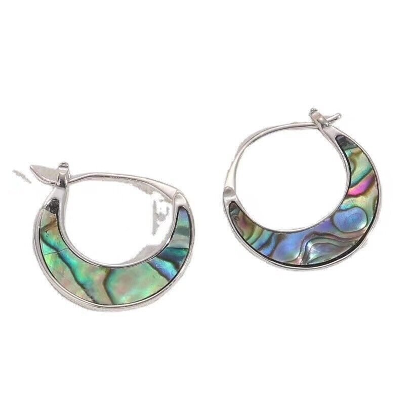 Natural Abalone Shell Hoop Earrings 925 Sterling Silver Basket Beach Jewelry