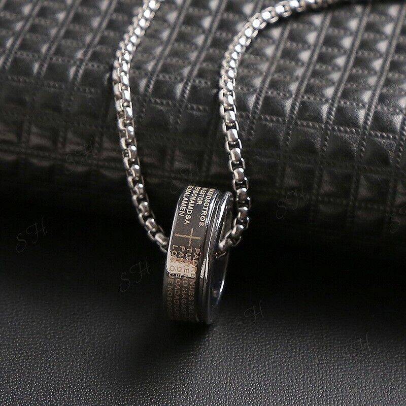 Titanium Steel 60 Inch Rune Ring Pendant Men's Hip Hop Punk Style Necklace