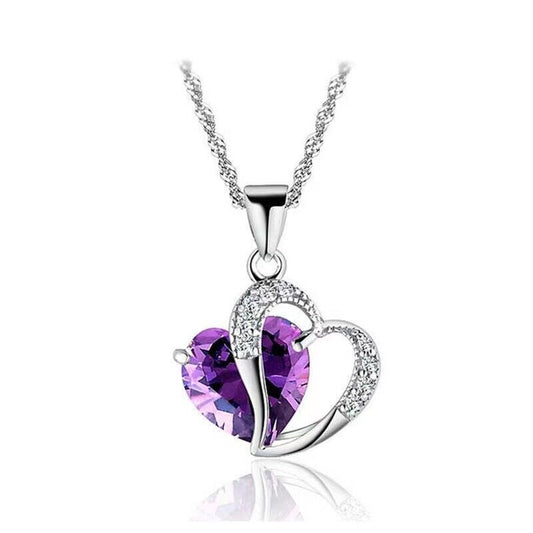 Women 925 Sterling Silver Necklace Chain Amethyst Crystal Heart Purple Pendant