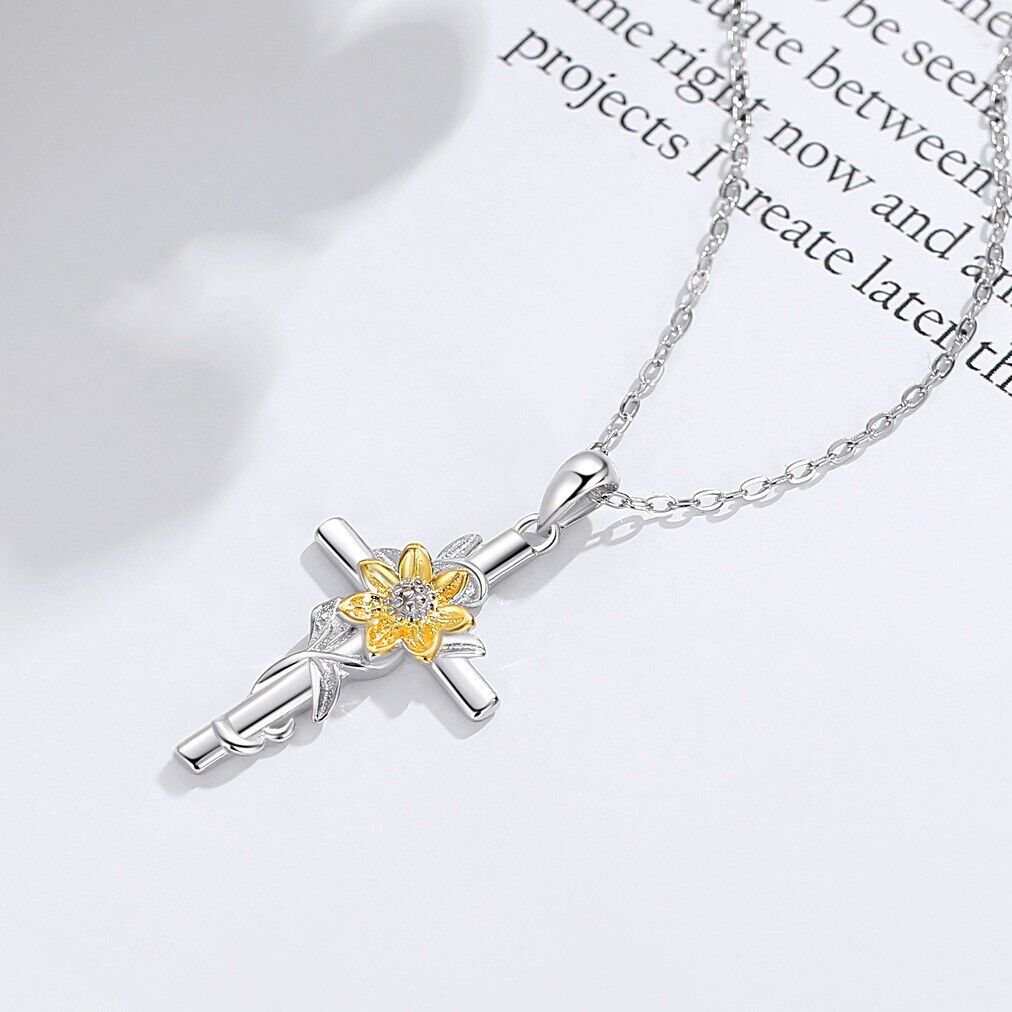 s925 sterling silver chain sunflower cross pendant necklace with packaging