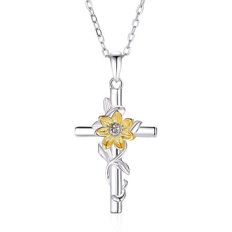 s925 sterling silver chain sunflower cross pendant necklace with packaging