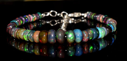 925 Sterling Silver Ethiopian Black Opal Gemstone Beads 7''Bracelet A1170