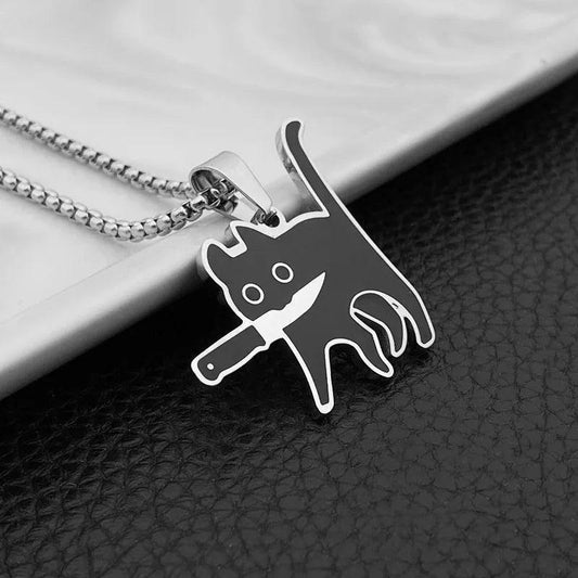 Trendy Cat with Knife Titanium Necklace