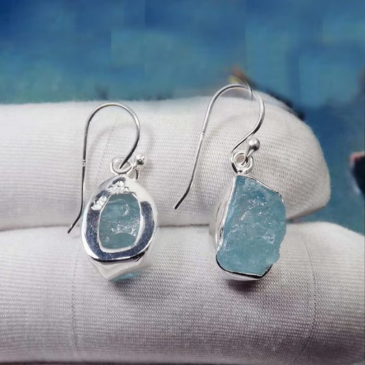 Handmade 925 Sterling Silver Rough Aquamarine Gemstone Dangle Drop Earrings